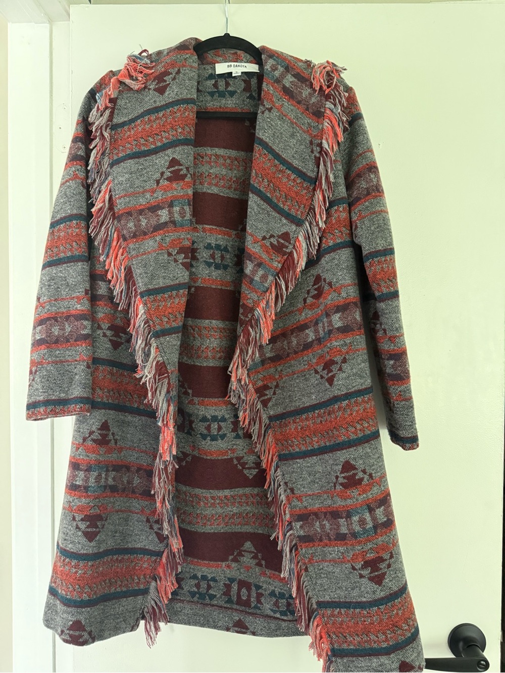 BB Dakota Gray, Rust & Blue Aztec Fringe Cardigan